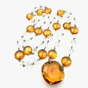 Antique Czech Art Deco Dark Yellow Glass Pendant Necklace Antiqued Gold 36 Inch